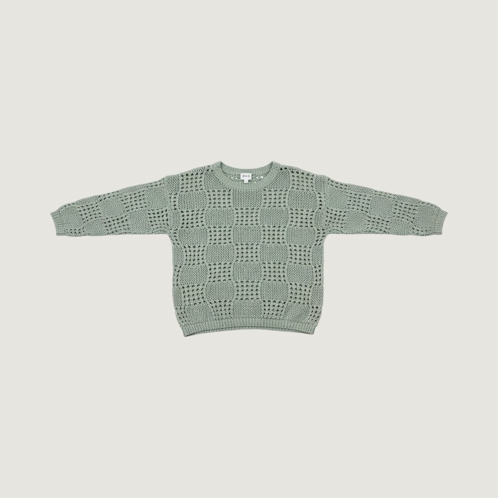 BKE Sage Green Open Knit Crochet Sweater Geometric Long Sleeve Crew Neck Medium